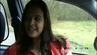 British girl with massive tits flashing outside in the car
